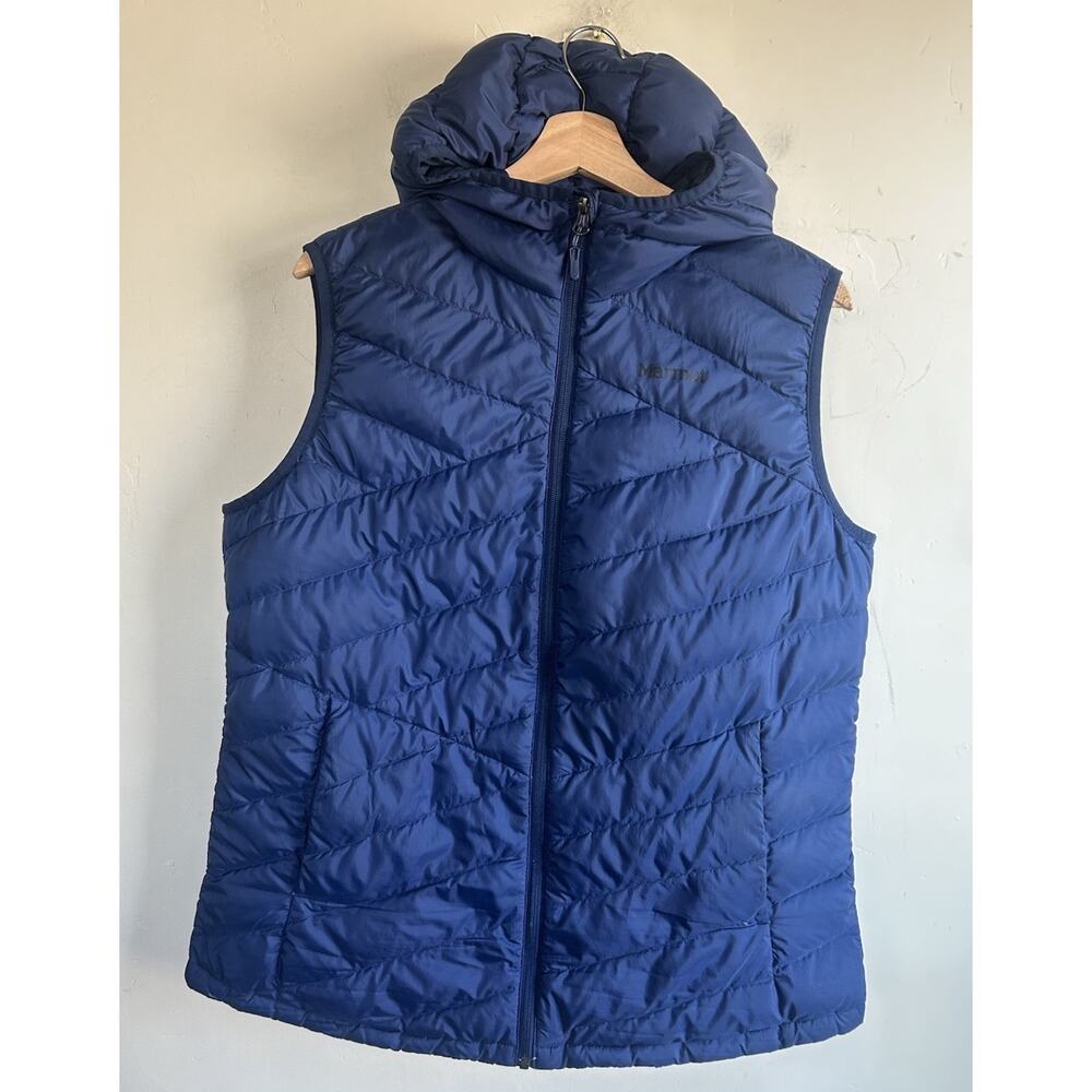 Marmot Highlander Down Hooded Vest Womens XL Blue 700 Fill Puffer Outdoor